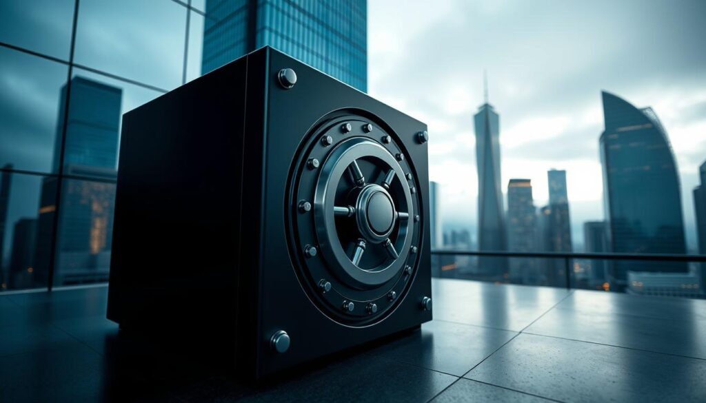 A secure digital vault with intricate lock mechanisms, set against a backdrop of sleek skyscrapers and a glowing cityscape. The vault's surface reflects the muted lighting, creating a sense of depth and solidity. Shadows and highlights accentuate the vault's angular, high-tech design, conveying a sense of trust, reliability, and institutional-grade protection for valuable digital assets. The scene is captured with a wide-angle lens, creating a sense of scale and emphasizing the vault's importance within the urban landscape.