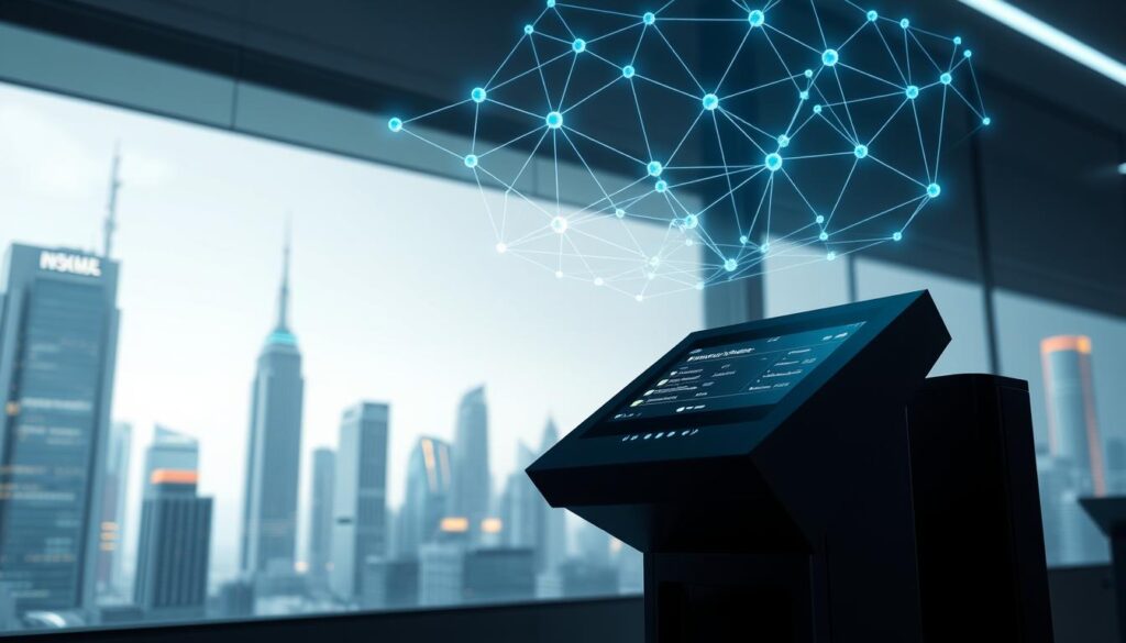 A secure financial transaction innovations scene. In the foreground, a sleek black terminal with a digital display showcasing cutting-edge transaction features. Overhead, a holographic projection of blockchain network nodes, their connections forming a dynamic, three-dimensional lattice. In the background, a futuristic cityscape with towering skyscrapers and glowing neon accents, conveying a sense of technological progress and innovation. Soft, directional lighting casts dramatic shadows, highlighting the angular, minimalist design elements. The overall atmosphere is one of advanced financial security, efficiency, and a glimpse into the transformative potential of blockchain technology.