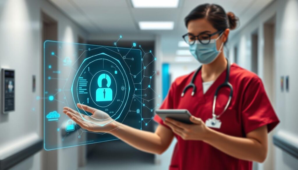 A secure healthcare data management system, with patients' electronic medical records securely stored on a blockchain. In the foreground, a hospital staff member reviews patient data on a holographic display, while in the middle ground, a blockchain network visualizes the decentralized and encrypted data storage. The background depicts a modern hospital interior, with clean lines and muted colors, conveying a sense of technological sophistication and patient privacy. The lighting is soft and diffused, creating a calming atmosphere. The camera angle is slightly elevated, providing an overview of the scene and emphasizing the integration of blockchain technology into healthcare infrastructure.