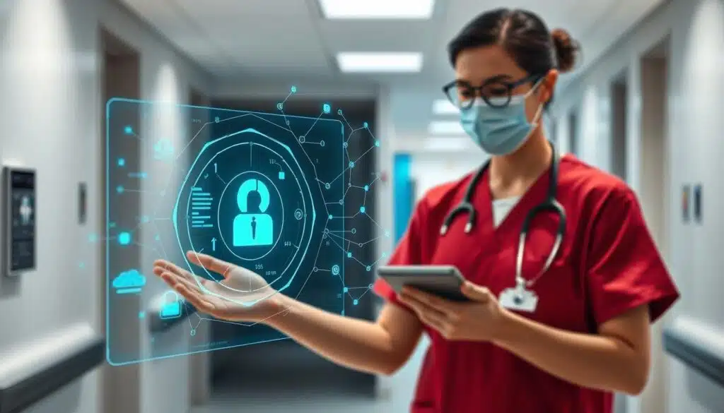 A secure healthcare data management system, with patients' electronic medical records securely stored on a blockchain. In the foreground, a hospital staff member reviews patient data on a holographic display, while in the middle ground, a blockchain network visualizes the decentralized and encrypted data storage. The background depicts a modern hospital interior, with clean lines and muted colors, conveying a sense of technological sophistication and patient privacy. The lighting is soft and diffused, creating a calming atmosphere. The camera angle is slightly elevated, providing an overview of the scene and emphasizing the integration of blockchain technology into healthcare infrastructure. A secure healthcare data management system, with patients' electronic medical records securely stored on a blockchain. In the foreground, a hospital staff member reviews patient data on a holographic display, while in the middle ground, a blockchain network visualizes the decentralized and encrypted data storage. The background depicts a modern hospital interior, with clean lines and muted colors, conveying a sense of technological sophistication and patient privacy. The lighting is soft and diffused, creating a calming atmosphere. The camera angle is slightly elevated, providing an overview of the scene and emphasizing the integration of blockchain technology into healthcare infrastructure.