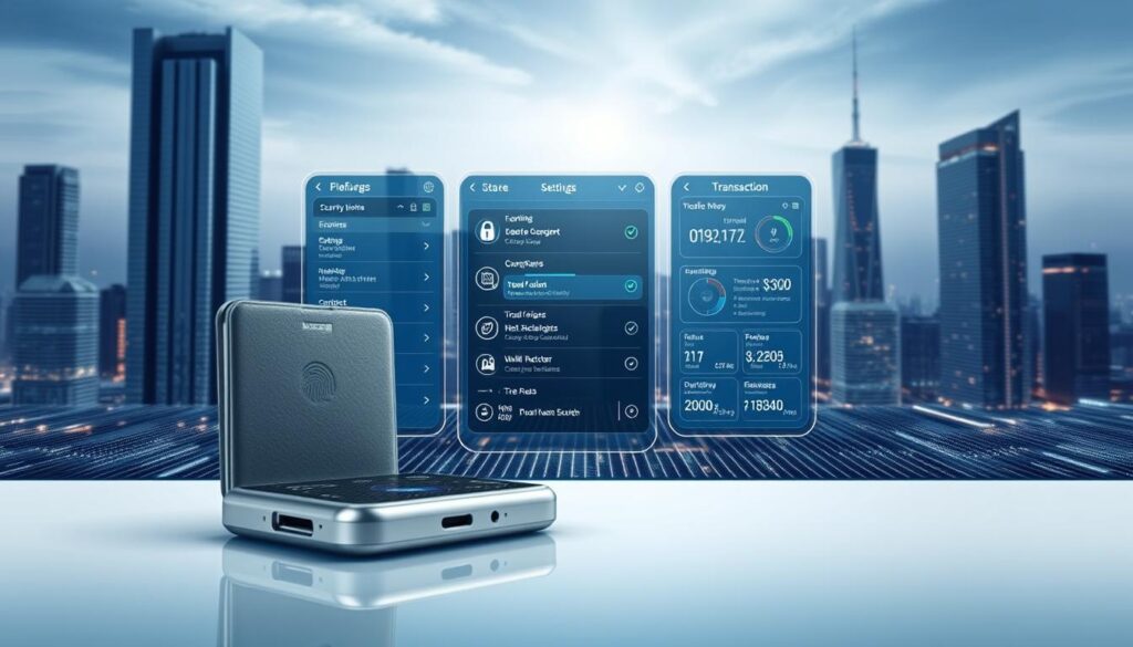 A secure mobile cryptocurrency wallet with advanced integration features. In the foreground, a sleek, metallic wallet device with a biometric sensor and digital display showcasing various security options. In the middle ground, a futuristic user interface with customizable settings, multi-factor authentication, and transaction monitoring tools. The background depicts a cityscape with skyscrapers and a shimmering digital grid, conveying a sense of advanced technology and robust security infrastructure. The lighting is cool and clinical, emphasizing the precision and reliability of the wallet system. Captured with a wide-angle lens to highlight the comprehensive nature of the secure wallet integration.