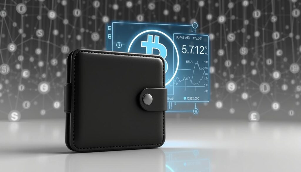 A secure, sleek crypto wallet against a backdrop of digital currency symbols and blockchain network. The wallet is rendered in high detail, with a metallic or matte finish that reflects the room's ambient lighting. The foreground features the wallet's interface, highlighting its user-friendly design and intuitive controls. The middle ground showcases a holographic display projecting real-time cryptocurrency data, creating a sense of technological sophistication. The background is a minimalist, monochromatic setting, emphasizing the wallet's focus on privacy and security.