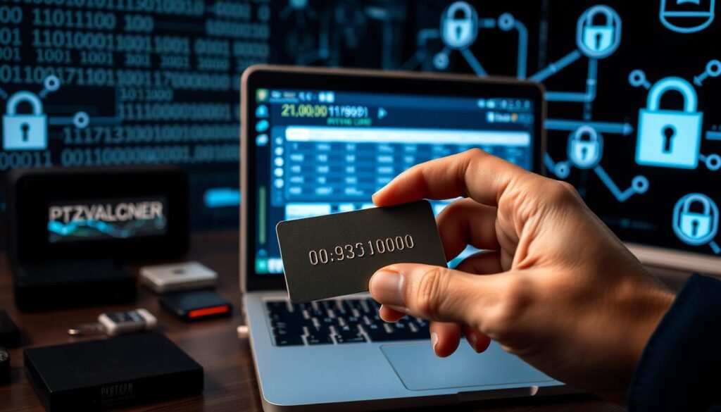 A secure, well-lit desktop scene showcasing a laptop computer with a digital cryptocurrency wallet interface displayed on the screen. In the foreground, a pair of hands carefully handling a physical private key card, its surface embossed with a complex alphanumeric code. The middle ground features a variety of security hardware devices such as hardware wallets and physical security tokens. The background subtly depicts cybersecurity elements like binary code, padlock icons, and a secure network connection. The overall atmosphere conveys a sense of technological sophistication and the importance of protecting digital assets through multi-layered security measures.