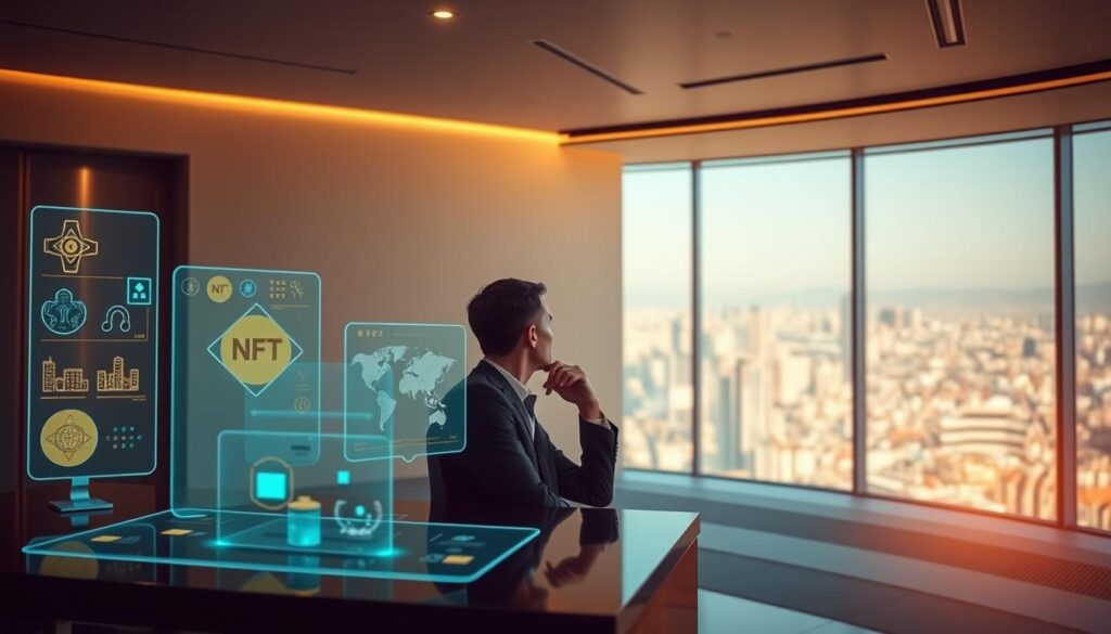 A serene and contemplative scene depicting "NFT investment goals". In the foreground, a well-dressed individual sits at a desk, deep in thought, surrounded by holographic displays showcasing various NFT collections. The middle ground features a minimalist, futuristic office space bathed in warm, focused lighting, creating an atmosphere of focus and strategic planning. In the background, a panoramic window overlooks a bustling cityscape, hinting at the vast potential of the NFT market. The overall mood is one of careful consideration, goal-setting, and the pursuit of informed, calculated NFT investments.