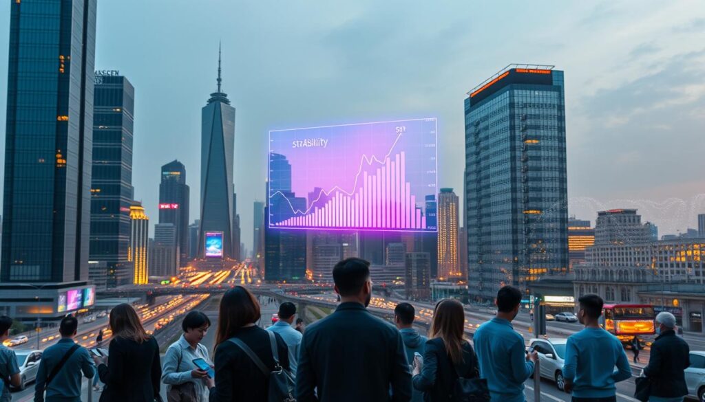 A serene and modern cityscape with towering skyscrapers and bustling streets. In the foreground, a group of people transacting seamlessly with their mobile devices, representing the global access and speed of stablecoins. In the middle ground, a vibrant display showcasing the price stability of stablecoins, with charts and graphs floating ethereally. In the background, a coded landscape of smart contracts and programmable finance, underscoring the versatility of stablecoins. The scene is illuminated by a warm, diffused lighting, creating a sense of harmony and progress.