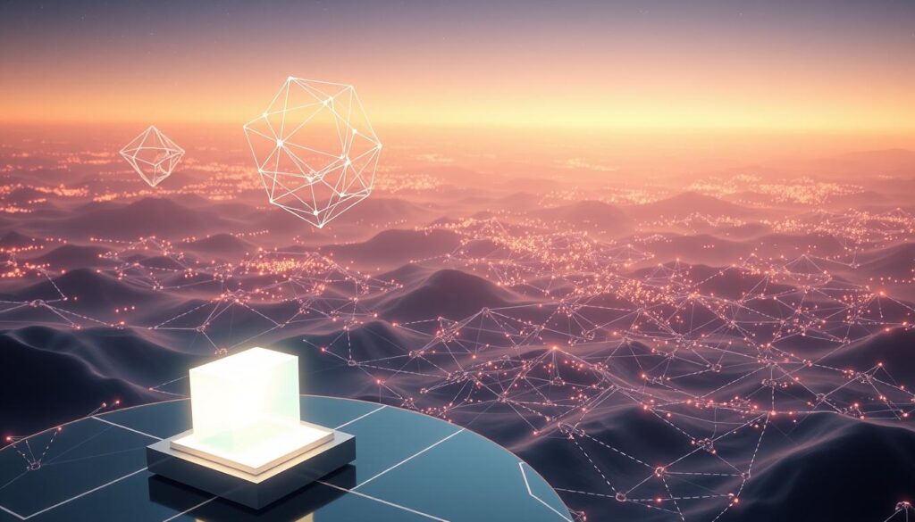 A serene and tranquil scene of proof-of-stake blockchain network validation. In the foreground, a validator node, represented by a sleek, futuristic computer terminal, glows with a soft, ambient light. Surrounding it, elegant 3D geometric shapes, symbolizing the network's decentralized architecture, hover in a mesmerizing dance, subtly pulsating with encrypted data streams. In the middle ground, a sprawling landscape of interconnected nodes, each a unique facet of the PoS ecosystem, is bathed in a warm, ethereal glow, conveying a sense of harmonious collaboration. The background is a dreamlike expanse of ethereal, translucent layers, suggesting the boundless potential of this innovative consensus mechanism. The overall mood is one of technological sophistication, security, and the seamless integration of blockchain technology into the fabric of the digital world.