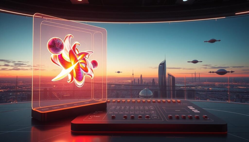 A serene blockchain environment, with a sleek and modern interface. In the foreground, a holographic display showcases a generative NFT artwork, its abstract forms and vibrant colors pulsing with life. In the middle ground, a minimalist control panel allows for the fine-tuning of algorithmic parameters, the soft glow of status indicators illuminating the workspace. In the background, a panoramic view of a futuristic cityscape, skyscrapers and hovercrafts gleaming under the warm glow of a sunset. The overall atmosphere is one of technological prowess and creative potential, inviting the user to delve into the world of generative NFT art.