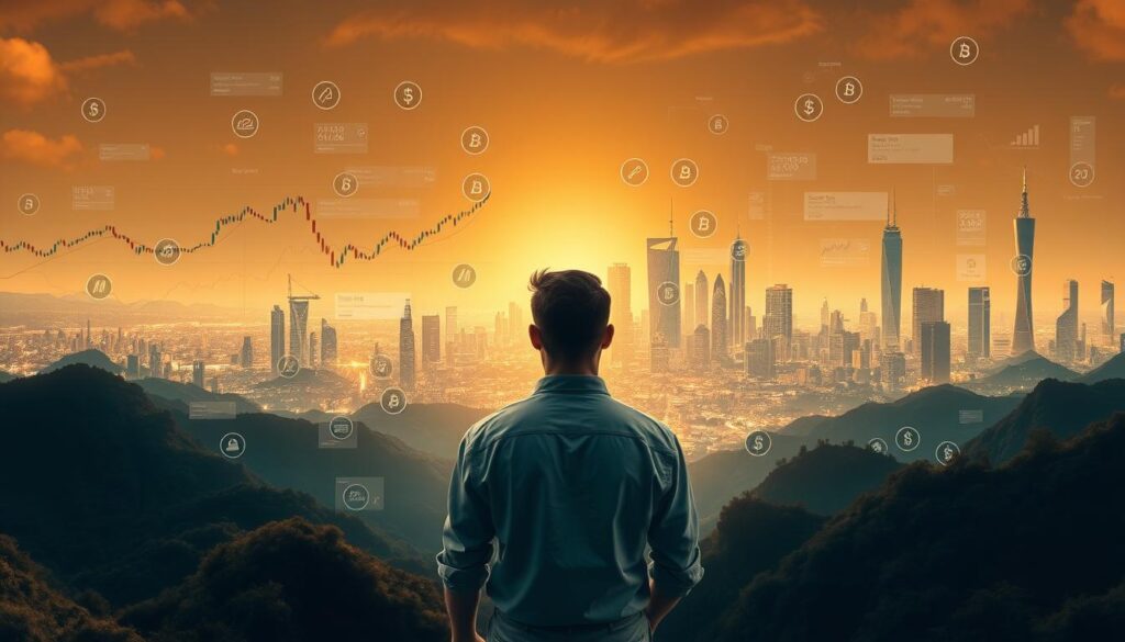 A serene financial landscape, where diverse investment strategies converge. In the foreground, a central figure representing an investor contemplates a holistic approach, surrounded by a tapestry of financial instruments - stocks, bonds, cryptocurrencies, and alternative assets. The middle ground depicts a dynamic market, with shifting charts and data visualizations, symbolizing the ever-evolving nature of investment opportunities. The background showcases a futuristic cityscape, bathed in warm, golden lighting, conveying a sense of stability and long-term growth. The composition evokes a harmonious balance between risk, reward, and prudent diversification, guiding the viewer through the complexities of navigating a whale-dominated crypto market.