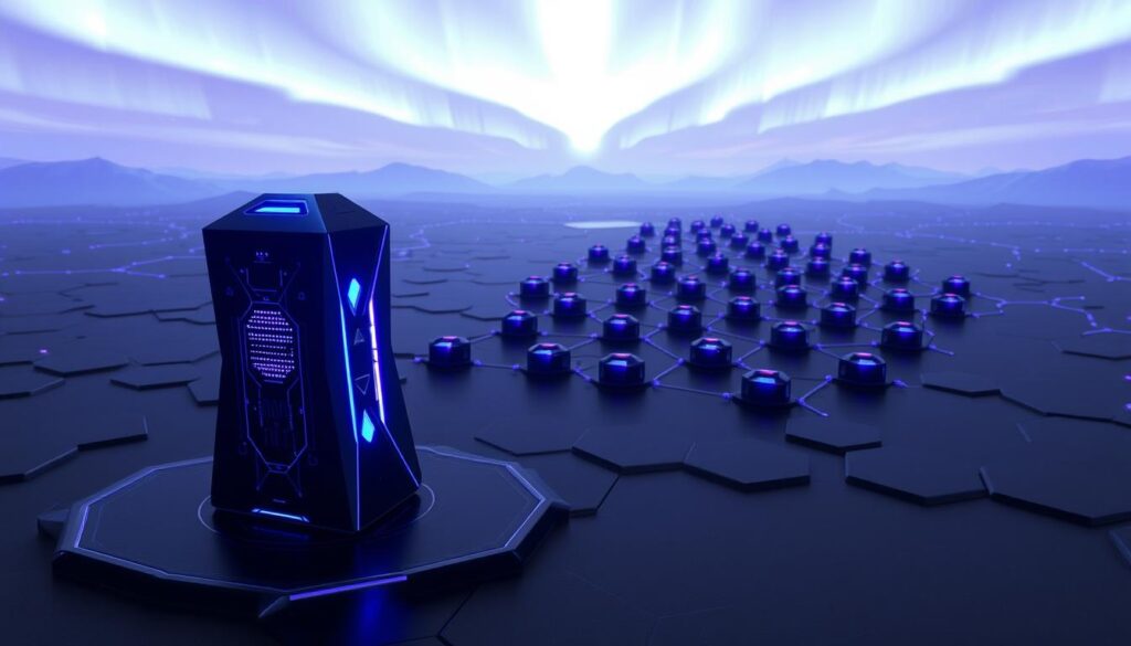 A serene, high-contrast image depicting a validator node in a blockchain network. The node is depicted as a futuristic, angular structure with glowing blue and purple accents, standing amidst a stylized landscape of hexagonal shapes and geometric patterns. The foreground showcases the validator node in detail, with a sleek, minimalist design and intricate circuitry visible. In the middle ground, a grid-like array of similar nodes is visible, suggesting a networked ecosystem. The background features a vast, ethereal sky with subtle aurora-like lighting effects, creating a sense of grandeur and technological wonder. The overall mood is one of precision, power, and the rewards of staking and validating transactions in a decentralized blockchain system.
