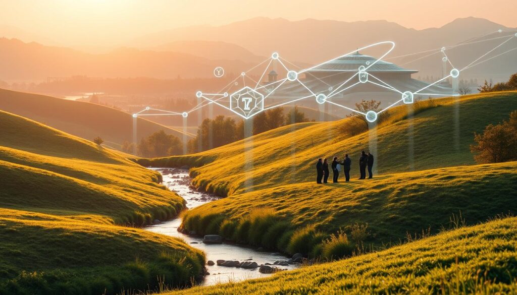 A serene landscape with rolling hills, a tranquil stream, and lush greenery in the foreground. In the middle ground, a group of people intently studying various digital displays and interacting with holographic interfaces, representing the process of staking and yield farming. The background features futuristic architecture and glowing, interconnected nodes, symbolizing the innovative blockchain technology underlying these financial methods. Warm, diffused lighting casts a gentle glow over the scene, creating a sense of harmony and progress. The image conveys the idea of harnessing the power of decentralized finance for long-term growth.