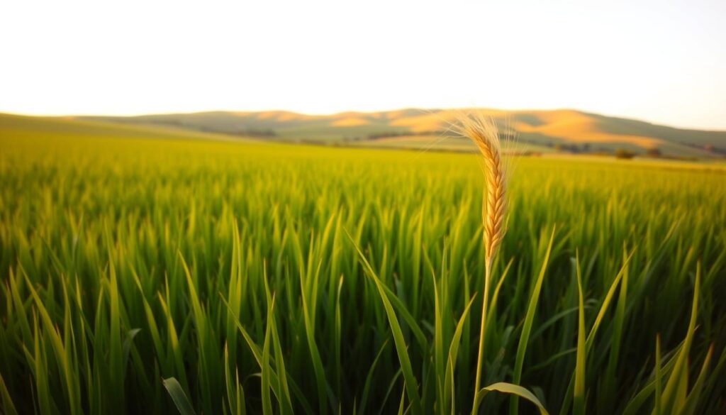 A serene meadow bathed in warm golden light, with rolling hills in the distance. In the foreground, a vibrant green field of tall grass sways gently in a soft breeze. Amidst the lush vegetation, a singular stalk of wheat stands tall, its golden head bowing slightly as it yields its bounty. The image conveys a sense of abundance, peace, and the natural cycle of growth and harvest. The scene is captured through a wide-angle lens, emphasizing the expansive landscape and the harmony between the land and the sky above.