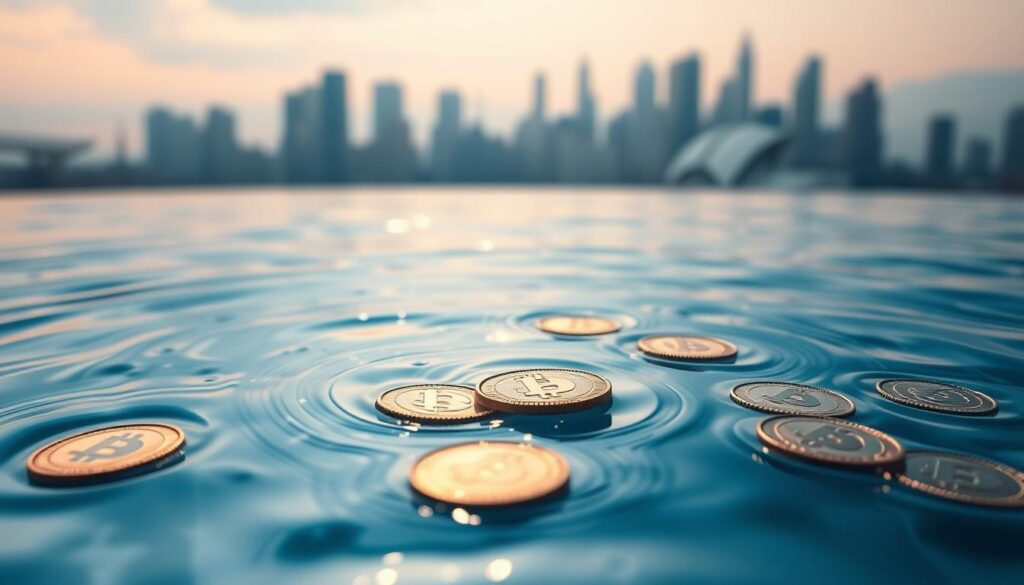 A serene, reflective pool of liquid cryptocurrency coins, glimmering with an ethereal glow under soft, diffused lighting. The coins swirl and flow, creating mesmerizing patterns that evoke the ever-changing nature of the crypto market. In the background, a blurred cityscape skyline symbolizes the global reach and interconnectedness of the digital finance landscape. The overall mood is one of tranquility, stability, and the fluidity of wealth in the crypto ecosystem.