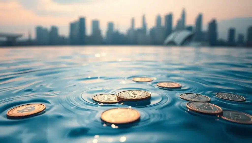 A serene, reflective pool of liquid cryptocurrency coins, glimmering with an ethereal glow under soft, diffused lighting. The coins swirl and flow, creating mesmerizing patterns that evoke the ever-changing nature of the crypto market. In the background, a blurred cityscape skyline symbolizes the global reach and interconnectedness of the digital finance landscape. The overall mood is one of tranquility, stability, and the fluidity of wealth in the crypto ecosystem.