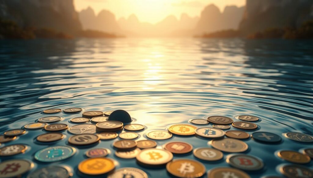 A serene, rippling pool of liquid cryptocurrency tokens, casting mesmerizing reflections on the surface. The foreground features a collection of diverse digital coins and tokens, their edges softly blurred to emphasize the flow and fluidity of the assets. The middle ground depicts a subtly distorted landscape, hinting at the interconnectedness of the decentralized finance ecosystem. In the background, a warm, ethereal glow emanates, conveying a sense of stability and depth within the DeFi liquidity pools. The overall composition evokes a harmonious balance between the individual tokens and the greater whole, showcasing the importance of liquidity in the decentralized finance space.