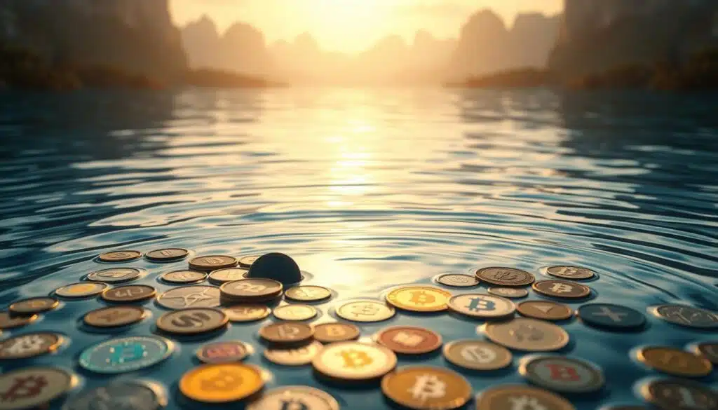A serene, rippling pool of liquid cryptocurrency tokens, casting mesmerizing reflections on the surface. The foreground features a collection of diverse digital coins and tokens, their edges softly blurred to emphasize the flow and fluidity of the assets. The middle ground depicts a subtly distorted landscape, hinting at the interconnectedness of the decentralized finance ecosystem. In the background, a warm, ethereal glow emanates, conveying a sense of stability and depth within the DeFi liquidity pools. The overall composition evokes a harmonious balance between the individual tokens and the greater whole, showcasing the importance of liquidity in the decentralized finance space.