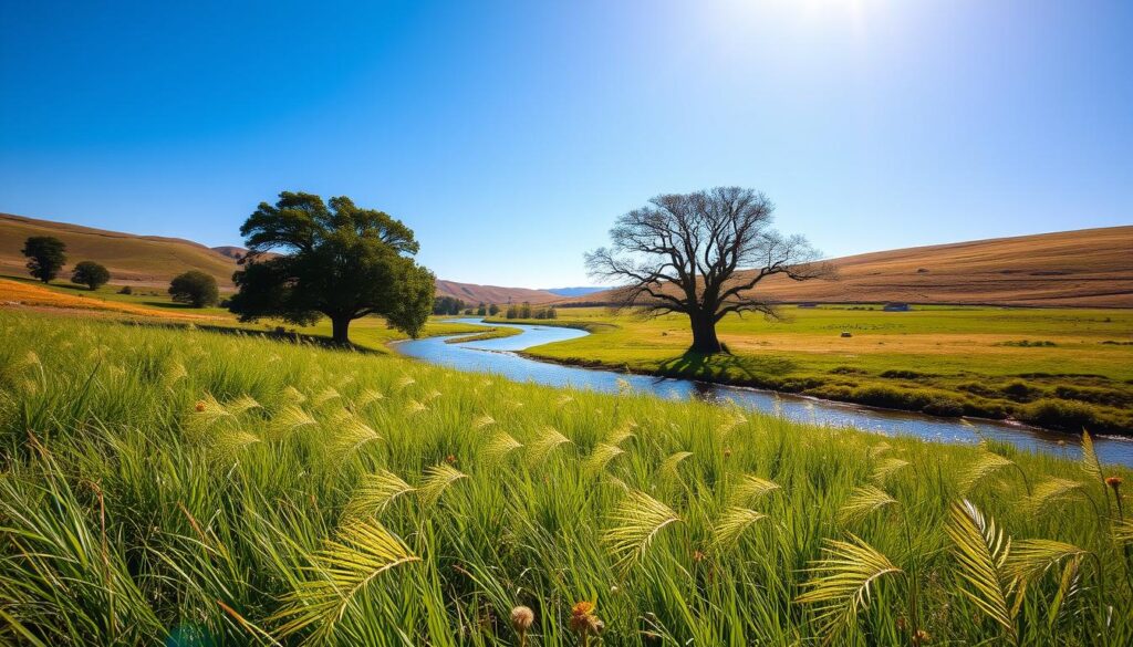 A serene, sun-dappled outdoor scene. In the foreground, a lush, verdant meadow with swaying grasses and wildflowers. In the middle ground, a winding river reflecting the azure sky, its banks dotted with towering oak trees. In the distance, rolling hills undulate towards the horizon, their slopes bathed in warm, golden light. A picturesque landscape that evokes a sense of tranquility and timelessness, a fitting backdrop for contemplating long-term investment strategies and the careful cultivation of cryptocurrency projects.