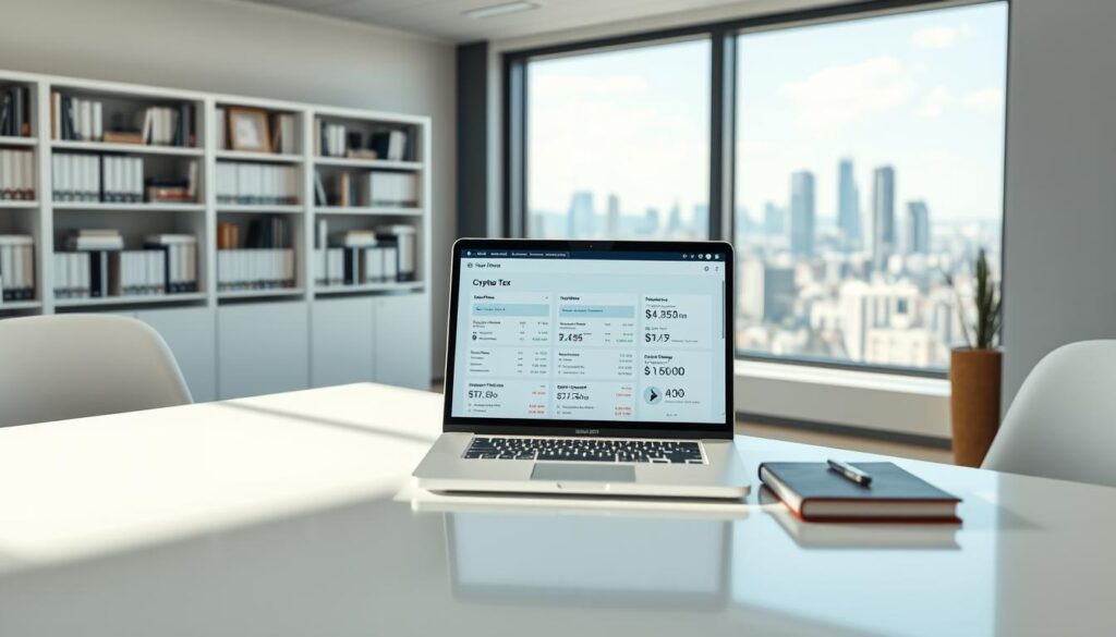 A serene, well-lit office environment with a sleek, modern desk setup. On the desk, a laptop displays an intuitive crypto tax software interface, showcasing features like transaction tracking, gain/loss calculations, and tax form generation. In the background, bookshelves filled with finance-related materials and a large window overlooking a tranquil cityscape. The overall atmosphere conveys a sense of professionalism, efficiency, and ease of use for the cryptocurrency tax reporting tools.