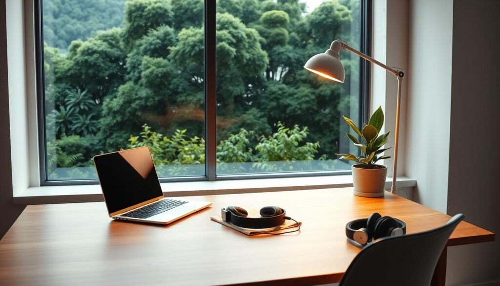 A serene workspace with a modern, minimalist setup. On a sleek wooden desk, a laptop, a pair of ergonomic headphones, and a potted plant rest under the warm glow of a desk lamp. The background features a large window overlooking a lush, verdant landscape, bathed in soft, natural light. Ample space for coding, testing, and debugging, creating an ideal environment for Ethereum smart contract development.