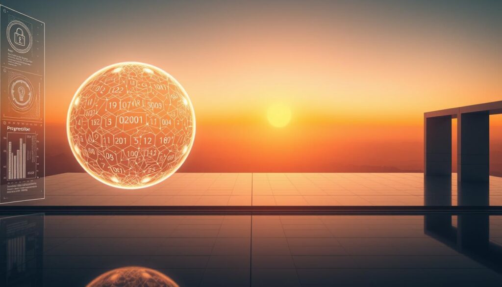 A serene yet futuristic digital landscape. In the foreground, a glowing holographic sphere hovers, pulsing with intricate blockchain-inspired patterns. Surrounding it, a series of vertical panels display encrypted data streams and authentication protocols. The middle ground features a sleek, minimalist architecture with clean lines and reflective surfaces, conveying a sense of security and trust. In the background, a vast, ethereal sky blends seamlessly with the horizon, creating a sense of boundless potential. Warm, diffused lighting illuminates the scene, casting a gentle, calming glow. The overall mood is one of technological advancement, data integrity, and the seamless integration of digital identity verification.