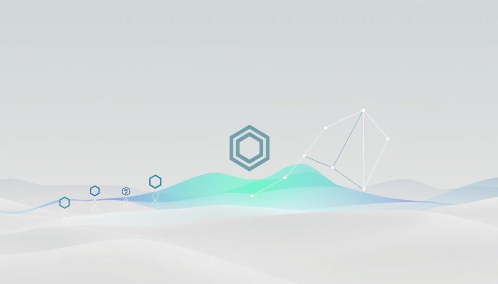A series of abstract geometric shapes and forms representing the evolution of blockchain technology. In the foreground, a central hexagon symbolizes the core blockchain concept, surrounded by smaller shapes and lines that gradually become more complex and interconnected, conveying the growth and diversification of blockchain applications over time. The middle ground features a gradient of colors, from simple blues and greens to more vibrant, dynamic hues, mirroring the increasing sophistication and real-world adoption of blockchain. The background is a soft, ethereal landscape of muted tones, evoking the futuristic, digital nature of this emerging technology. The overall composition is sleek, minimalist, and evocative, capturing the essence of blockchain's transformative potential within the enterprise.
