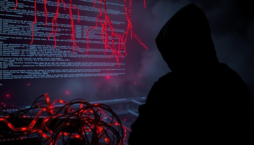 A shadowy figure, cloaked in the digital darkness, orchestrates a malware attack. Ominous lines of code cascade across the screen, casting an eerie glow upon the scene. In the foreground, a corrupted network hub pulses with malicious energy, its wires twisting and writhing like serpents. The middle ground depicts a maze of digital pathways, where unsuspecting users navigate, unaware of the impending threat. The background is shrouded in an ominous haze, hinting at the larger scale of the cyber assault. The image conveys a sense of dread and vulnerability, capturing the present-day threat landscape faced by those seeking to safeguard their digital assets.