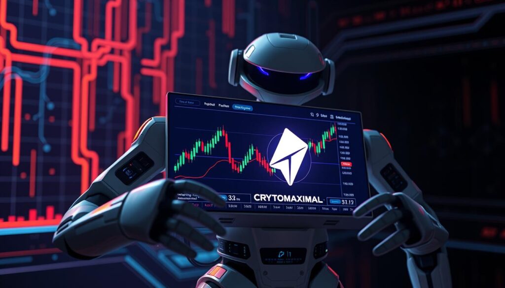 A sleek, AI-powered trading bot with the CRYPTOMAXIMAL logo prominently displayed on its interface. The bot is set against a dark, futuristic background, with glowing neon grids and data streams cascading in the distance. The bot's display shows a real-time cryptocurrency trading chart, with candlestick patterns and technical indicators. The bot's mechanical arms are poised to execute trades, conveying a sense of precision and efficiency. Soft, directional lighting casts dramatic shadows, adding depth and drama to the scene. The overall atmosphere is one of advanced, cutting-edge technology empowering simplified trading on the Telegram platform.