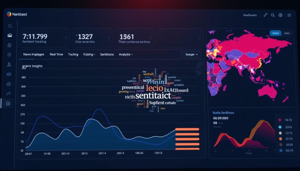 A sleek and intuitive dashboard displaying a range of sentiment analysis metrics, including real-time tracking of social media and news sentiment, historical trends, and granular insights. The interface features a clean, minimalist design with smooth transitions and responsive data visualizations. In the foreground, a line graph tracks sentiment over time, with peaks and valleys indicating shifts in public opinion. In the middle ground, a word cloud highlights the most prominent keywords, their size proportional to their frequency. In the background, a dynamic heatmap showcases geographical sentiment distribution, with vibrant colors denoting areas of high and low sentiment. The overall atmosphere conveys a sense of technological sophistication, data-driven decision-making, and deep market intelligence.