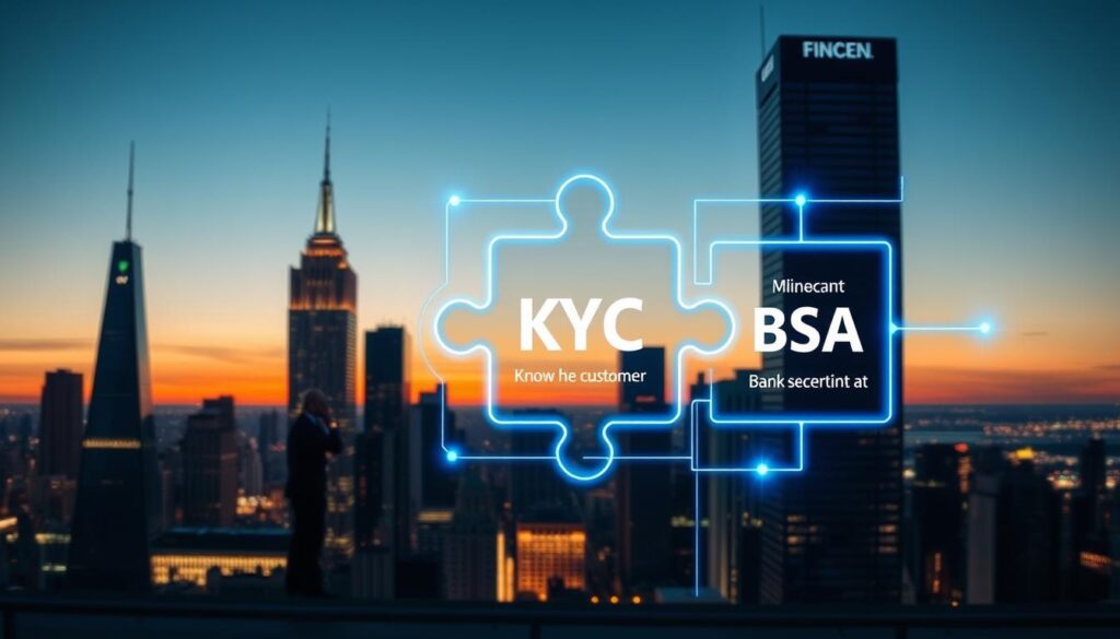 A sleek and modern cityscape at dusk, with a focus on a set of high-rise office buildings. In the foreground, a digital illustration of interlocked puzzle pieces representing AML (anti-money laundering), KYC (know your customer), and the FinCEN BSA (Bank Secrecy Act) regime. The pieces are connected by glowing blue lines, symbolizing the integrated compliance framework. The middle ground features silhouettes of busy professionals, conveying the operational aspect of compliance. In the background, the skyline is illuminated by warm lighting, creating a sense of technological advancement and financial security.
