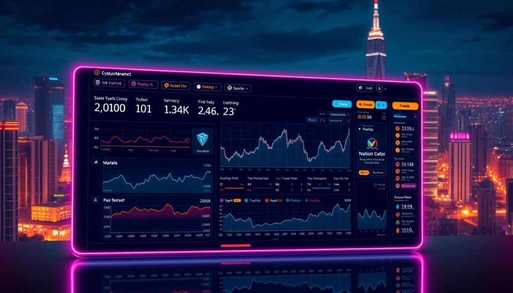 A sleek and modern cryptocurrency tracking platform, showcasing a neon-lit dashboard displaying live market data, cryptocurrency prices, and portfolio tracking. The foreground features an intuitive user interface with clean lines, charts, and graphs, while the background depicts a futuristic cityscape with skyscrapers and a vibrant, urban atmosphere. The scene is illuminated by a warm, soft lighting, creating a sense of technological sophistication and financial insight. The overall mood is one of efficiency, control, and a deep understanding of the dynamic cryptocurrency market.