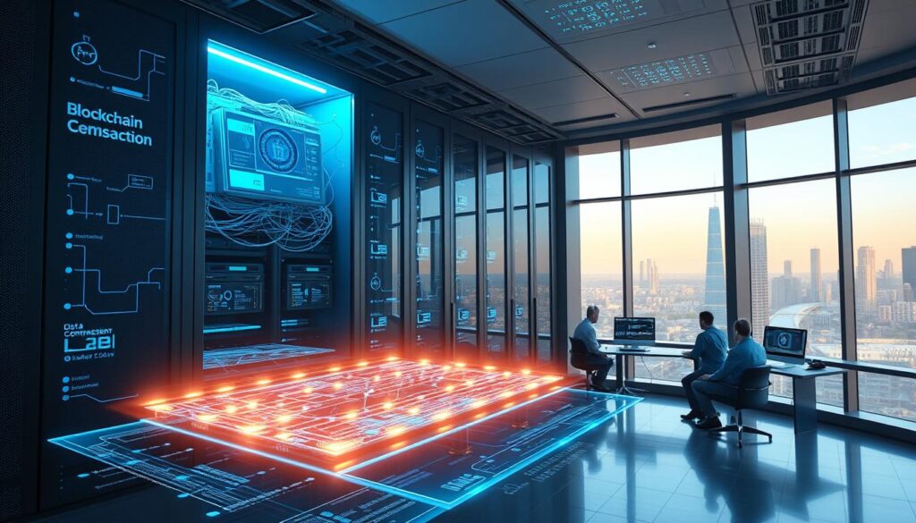 A sleek and modern data center interior, featuring a central server rack adorned with various blockchain security compliance protocols. Soft blue lighting casts an ethereal glow, highlighting the intricate network of cables and blinking indicator lights. In the foreground, a holographic display projects a 3D model of a blockchain transaction workflow, illustrating the multi-layered security measures in place. The mid-ground showcases a team of cybersecurity experts closely monitoring real-time threat detection systems, while the background reveals floor-to-ceiling windows offering a panoramic view of a bustling city skyline. An atmosphere of technological sophistication and unwavering data protection pervades the scene.