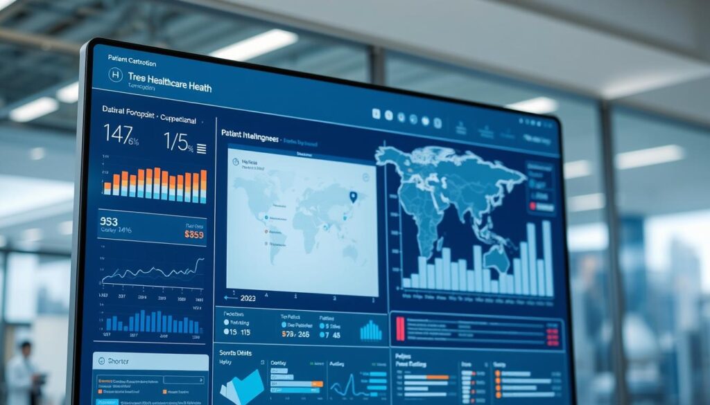 A sleek and modern healthcare data management solution dashboard, displayed on a high-resolution digital screen. The interface features clean lines, intuitive icons, and a minimalist color palette of blues, grays, and whites. In the foreground, detailed charts and graphs showcase key healthcare metrics, while in the middle ground, a large interactive map tracks patient data across different locations. The background depicts a blurred cityscape, hinting at the interconnected nature of this digital healthcare system. The lighting is bright and natural, conveying a sense of professionalism and efficiency. The overall atmosphere is one of technological sophistication and patient-centric care.