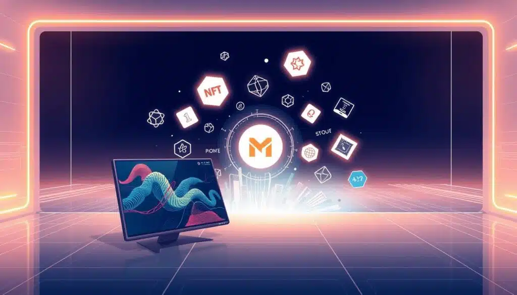 A sleek and modern illustration showcasing the unique features of the OpenSea marketplace. In the foreground, a digital art piece is prominently displayed, with intricate details and vibrant colors. In the middle ground, various NFT-related icons and symbols float effortlessly, conveying the platform's versatility. The background is a minimalist, tech-inspired setting, bathed in a soft, warm lighting that creates a professional and inviting atmosphere. The overall composition is clean, well-balanced, and visually captivating, effectively highlighting the key capabilities of the OpenSea platform for creating and selling NFTs.