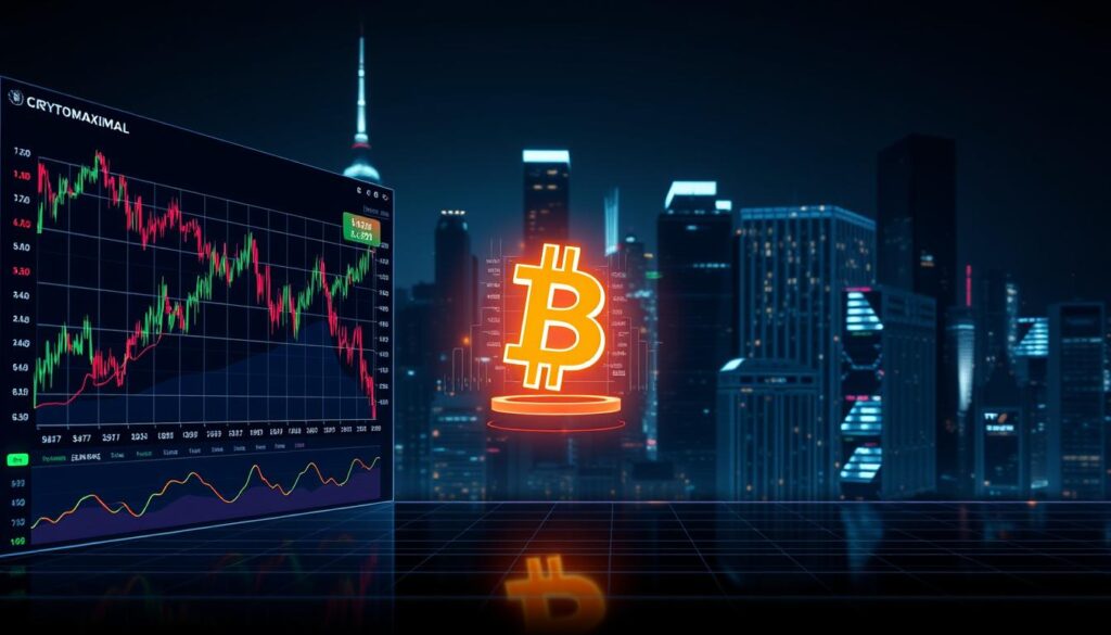A sleek and modern trading dashboard showcasing the performance of CRYPTOMAXIMAL's AI-powered crypto trading algorithms. The foreground features a colorful array of line charts, candlestick graphs, and analytical data visualizations, all presented on a high-resolution digital display with a minimalist, futuristic design. The middle ground depicts a stylized 3D model of a cryptocurrency symbol, bathed in a warm, ethereal glow and surrounded by a dynamic array of data streams and financial indicators. In the background, a dimly lit cityscape with towering skyscrapers and flashes of neon lights creates a sense of urban energy and technological prowess. The overall mood is one of precision, innovation, and the seamless integration of AI and finance.