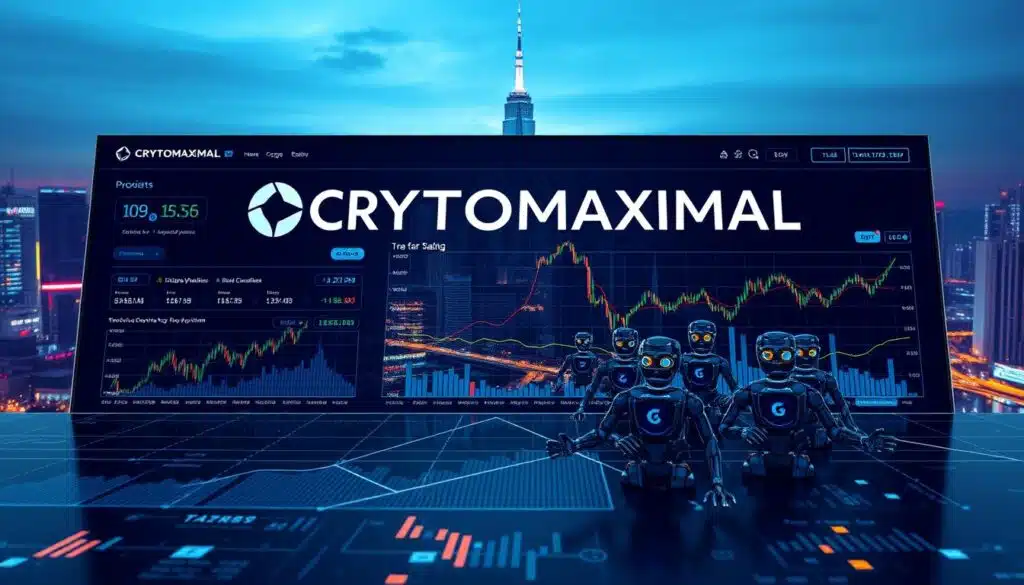 A sleek and modern trading dashboard with the CRYPTOMAXIMAL logo prominently displayed. In the foreground, a series of charts, graphs, and trading indicators dynamically update, reflecting the real-time fluctuations of the cryptocurrency market. The middle ground features a team of AI-powered trading bots, their algorithms represented by intricate lines of code and complex mathematical formulas. The background showcases a futuristic cityscape, with towering skyscrapers and a vibrant, neon-lit skyline, symbolizing the fast-paced, high-stakes world of digital finance. The lighting is cool and crisp, casting a professional, high-tech ambiance over the entire scene.