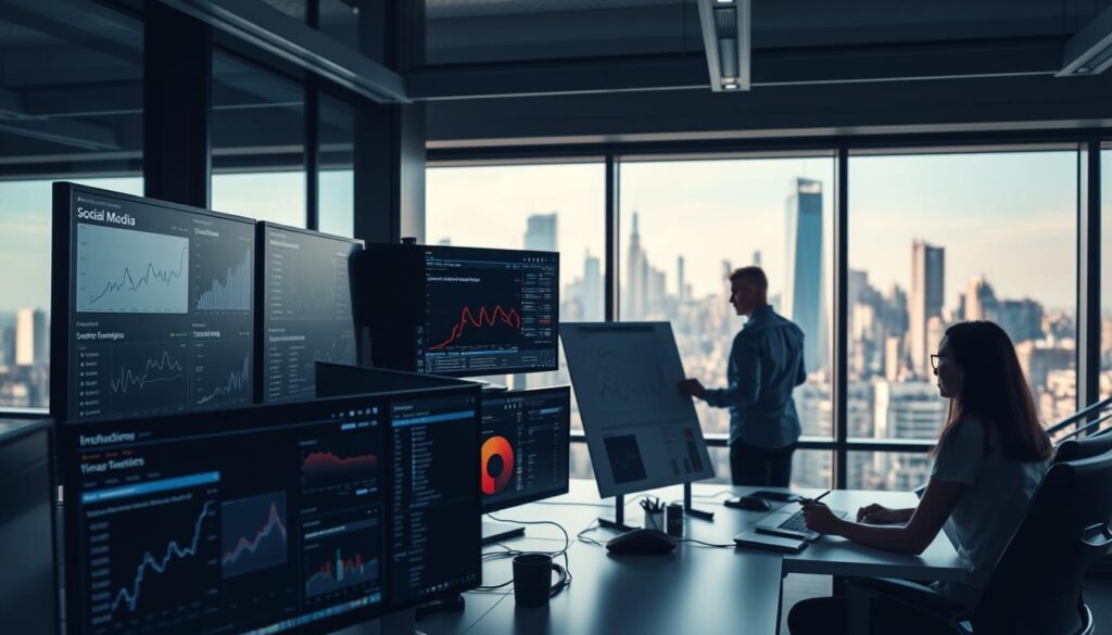 A sleek and modern workspace with multiple computer screens displaying various social media monitoring platforms. In the foreground, a dashboard shows real-time analytics and sentiment analysis data. In the middle ground, analysts scrutinize the data, making notes on a whiteboard. The background features large windows overlooking a bustling city skyline, bathed in the soft glow of natural light. The overall atmosphere conveys a sense of professionalism, efficiency, and technological innovation.
