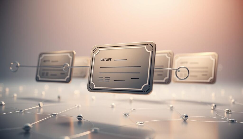 A sleek and secure blockchain network, with interlocking digital certificates floating in a 3D space. The certificates are rendered in a metallic finish, casting subtle reflections across the scene. The background is a soft, gradient-filled environment, evoking a sense of depth and technological sophistication. Subtle lighting from multiple angles highlights the intricate details of the certificates, emphasizing their tamper-proof nature. The overall composition conveys a sense of reliability, transparency, and the unbreakable integrity of the blockchain-based authentication system.