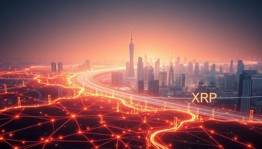 A sleek and vibrant digital landscape, where the cryptocurrency XRP flows like a river of liquid light. In the foreground, a dynamic data visualization pulses with real-time liquidity data, surrounded by a network of interconnected nodes and pathways. The middle ground features a towering skyline of blockchain-inspired architecture, bathed in a warm, futuristic glow. In the background, a panoramic view of a bustling financial hub, with skyscrapers and data centers stretching to the horizon. The scene is illuminated by a soft, diffused lighting, creating a sense of depth and atmosphere. The overall mood is one of technological innovation, financial fluidity, and the seamless integration of digital assets into the modern economy.