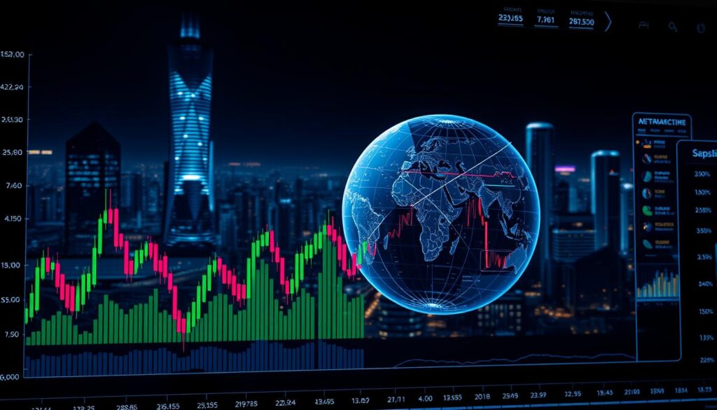A sleek, data-driven crypto analysis dashboard with a futuristic aesthetic. The foreground features a dynamic cryptocurrency price chart, with animated candlestick patterns and real-time indicators. In the middle ground, a holographic globe pulsates with global market data, overlaid with infographics and analytics. The background is a moody, neon-lit cityscape, reflecting the fast-paced, technology-driven nature of the crypto industry. Dramatic lighting casts long shadows, creating a sense of depth and drama. The overall mood is one of technological sophistication, data-driven insights, and the cutting edge of finance.