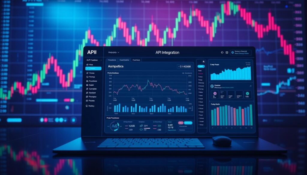 A sleek, futuristic API integration dashboard set against a backdrop of a dynamic financial chart. The foreground features crisp, high-resolution visualizations of API endpoints, data flows, and real-time market tickers. The middle ground showcases a clean, minimalist user interface with intuitive controls, while the background is bathed in a cool, neon-infused color palette that evokes the high-tech world of algorithmic trading. The entire scene is illuminated by a soft, directional lighting that casts dramatic shadows, creating a sense of depth and technical sophistication. The overall mood is one of precision, efficiency, and the seamless integration of finance and technology.