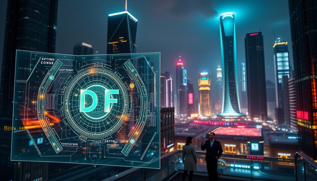A sleek, futuristic cityscape with towering skyscrapers and holographic displays. In the foreground, a transparent holographic interface showcases complex AI-driven DeFi protocols, their smart contracts, and automated financial transactions. Glowing energy fields and data streams swirl around the interface, representing the intricate algorithms and machine learning models powering the system. The midground depicts a bustling financial hub, with people interacting with augmented reality screens and holograms. The background features a vibrant, neon-lit nightscape, conveying the dynamic, cutting-edge nature of this AI-powered DeFi ecosystem. Dramatic lighting and moody shadows create an atmosphere of innovation, technology, and cautious optimism.