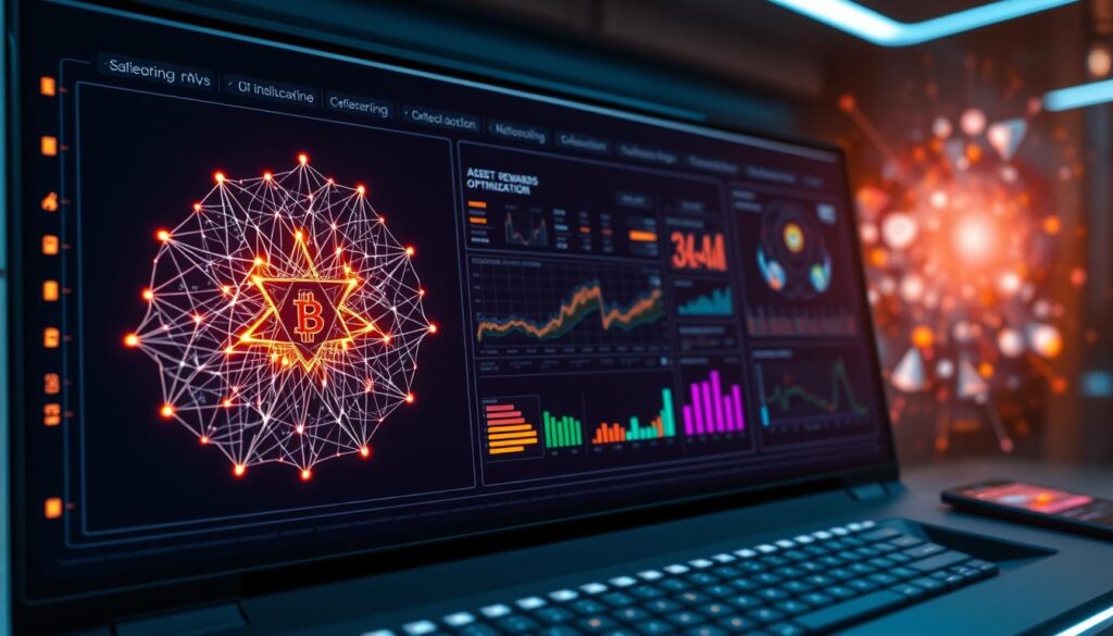 A sleek, futuristic control panel displaying various AI algorithms in action, illuminated by a soft, ambient glow. In the foreground, intricate neural network diagrams pulsate with energy, representing the complex computational processes that power staking rewards optimization. The middle ground showcases detailed visualizations of asset allocation strategies, with colorful charts and graphs updating in real-time. In the background, a hazy, holographic interface projects a galaxy of cryptocurrency symbols, symbolizing the vast, interconnected nature of the decentralized finance ecosystem. The overall atmosphere is one of technological sophistication, precision, and the seamless integration of artificial intelligence into the management of staking rewards.
