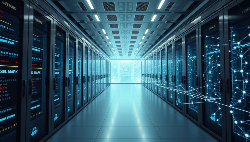 A sleek, futuristic data center surrounded by a secure blockchain network. In the foreground, digital locks and biometric scanners guard sensitive data servers. The mid-ground features interconnected nodes relaying encrypted information, with a clean, minimalist aesthetic. The background showcases a serene, ambient lighting scheme, radiating an aura of technological sophistication and data privacy. The scene is captured through a wide-angle lens, conveying a sense of scale and the comprehensive nature of the blockchain-powered security system. The overall mood is one of advanced, trustworthy data protection in a modern, streamlined environment.