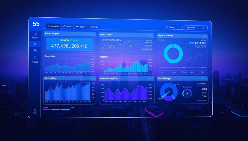 A sleek, futuristic data visualization dashboard with dynamic graphs and charts showcasing the various data import methods for cryptocurrency transactions. Crisp, high-resolution imagery with cool blue and purple tones, and subtle lighting that casts a techno-chic ambiance. The foreground features an intuitive user interface with smooth animations and detailed infographics, while the background depicts a minimalist cityscape, hinting at the global scale of cryptocurrency data. The overall scene conveys a sense of precision, efficiency, and the seamless integration of crypto data into comprehensive tax reporting tools.