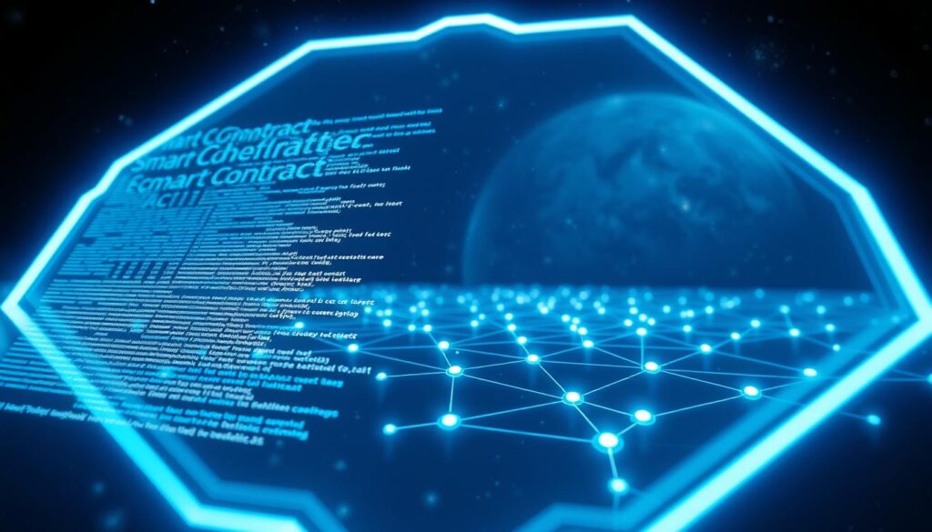 A sleek, futuristic illustration of smart contract technology. In the foreground, a holographic interface with intricate lines of code cascading across the screen. In the middle ground, a network of interconnected nodes, each pulsing with a soft, ethereal glow. The background is a vast, cosmic expanse, hinting at the boundless potential of this revolutionary technology. The overall atmosphere is one of precision, innovation, and the seamless integration of the digital and physical realms. Lighting is dramatic, with sharp contrasts and a cool, futuristic palette. The camera angle is slightly elevated, conveying a sense of power and authority.