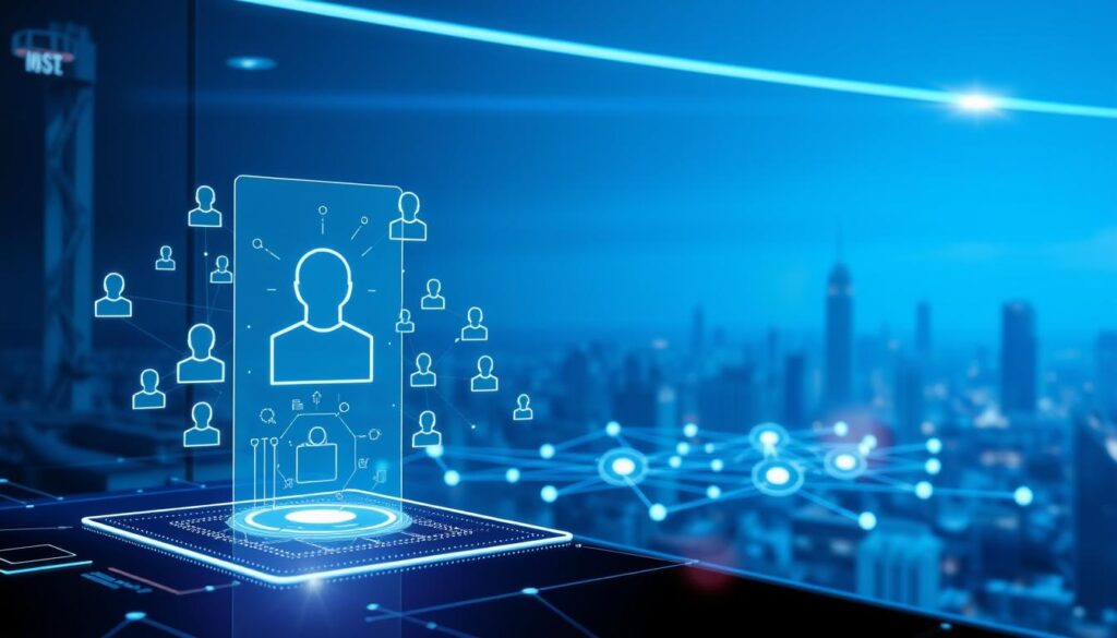 A sleek, futuristic interface showcasing a blockchain-powered identity management system. In the foreground, a holographic display projects digital identities, secured by cryptographic keys. The middle ground features a network of interconnected nodes, each representing a secure transaction or access point. The background depicts a cityscape, hinting at the broad applications of this decentralized technology. Soft blue lighting sets a calm, authoritative tone, while lens flares and reflections add depth and dynamism to the scene.