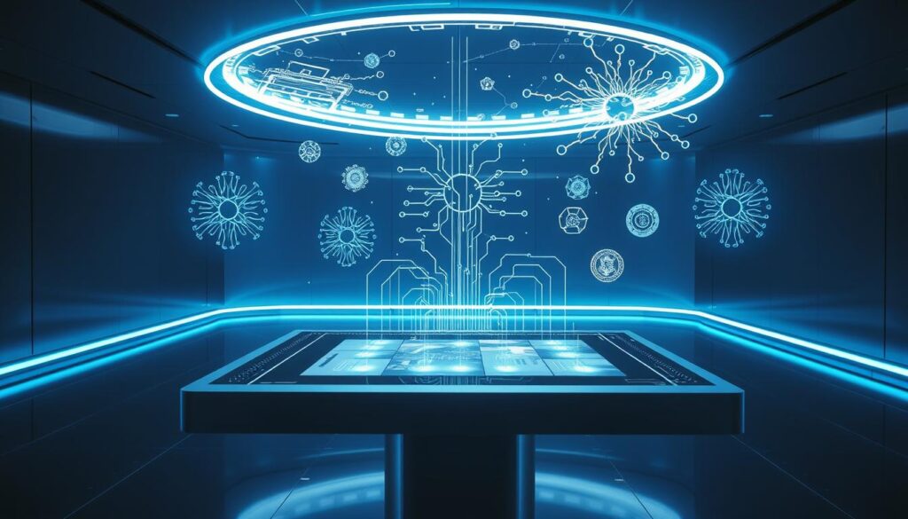 A sleek, futuristic laboratory with a holographic display showcasing intricate deep learning models. Glowing circuit boards and neural network diagrams float in the air, surrounded by a minimalist, metallic environment bathed in cool, blue-tinged lighting. In the foreground, a transparent touchscreen console allows for the manipulation and optimization of the models, their complex layers and interconnections visible. The scene conveys a sense of cutting-edge technology, scientific exploration, and the power of deep learning to unlock insights in financial markets.