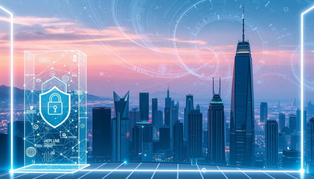 A sleek, futuristic landscape depicting the intersections of blockchain and privacy solutions. In the foreground, a holographic display showcases secure data transactions, encryption protocols, and decentralized identity management. The middle ground features a cityscape of skyscrapers, their facades adorned with abstract geometric patterns representing the complex algorithms powering blockchain networks. In the background, a vast, ethereal sky filled with swirling data streams and holographic visualizations, conveying the vast potential of blockchain to revolutionize data privacy and security. The scene is illuminated by a soft, ambient lighting, creating a sense of technological elegance and innovation.