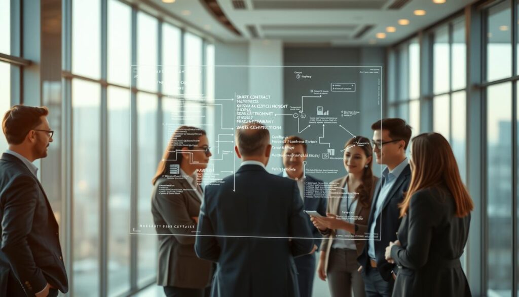 A sleek, futuristic office interior with floor-to-ceiling windows bathed in warm, ambient lighting. In the center, a transparent holographic display showcases a complex smart contract workflow, with lines of code and data visualizations floating mid-air. Around the display, a team of professionals in smart casual attire huddle, deeply engaged in discussion, their expressions reflecting the efficient and cost-effective blockchain solutions they're exploring. The background blurs softly, placing the focus on the dynamic interplay of technology and human collaboration, symbolizing the transformative potential of blockchain in streamlining supply chain management.