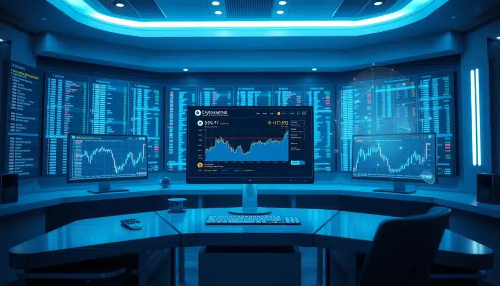 A sleek, high-tech trading desk with multiple screens displaying real-time cryptocurrency data. In the foreground, a Telegram chat interface showcases the CRYPTOMAXIMAL trading bot, its interface clean and intuitive. Surrounding the desk, the environment is bathed in a cool, futuristic lighting, with subtle holographic overlays highlighting key indicators and market trends. The overall atmosphere conveys a sense of precision, efficiency, and the power of AI-driven financial analysis. The scene captures the essence of simplified, automated crypto trading in the digital age.
