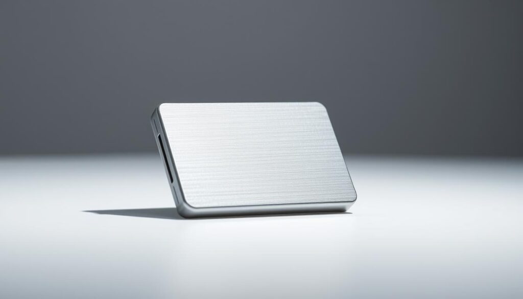 A sleek, metallic hardware wallet resting on a minimalist, white surface, illuminated by soft, indirect lighting. The wallet's compact, rectangular form exudes a sense of security and reliability. The brushed metal casing, with its subtle yet distinct texture, suggests a sturdy, high-quality design. The device is positioned at a slight angle, highlighting its clean lines and intuitive interface. In the background, a softly blurred, gray gradient backdrop creates a sense of depth and emphasizes the wallet's central focus. The overall composition conveys a sense of trust, simplicity, and the importance of robust, physical cryptocurrency storage.